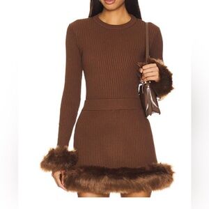 Brown Ribbed Knit Dress with Faux Fur Cuffs